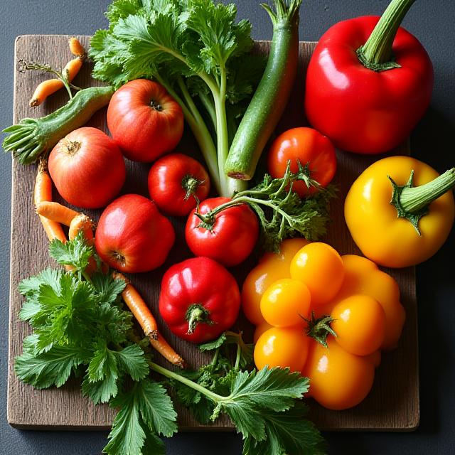 A vibrant collection of fresh, locally sourced vegetables on a wooden board.